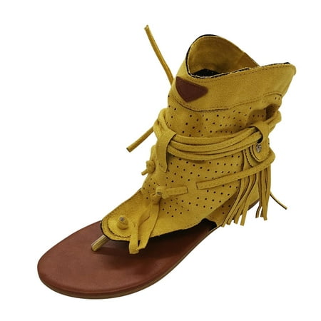

Sandals for Women Retro Bohemian Gladiator Fringe Casual Sandals Flat Clip Toe Ankle Boots Beach Shoes T-Strap Roman Open-Toe Sandals