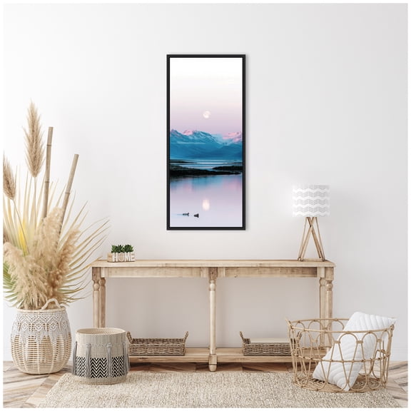 Kate and Laurel Two Ducks in a Lake during Pastel Moonrise over Icelandic Mountains Panel Framed Canvas Wall Art by Michael Schauer 18 x 40 Sylvie Black, Coastal, Landscapes, Animals Art for Wall