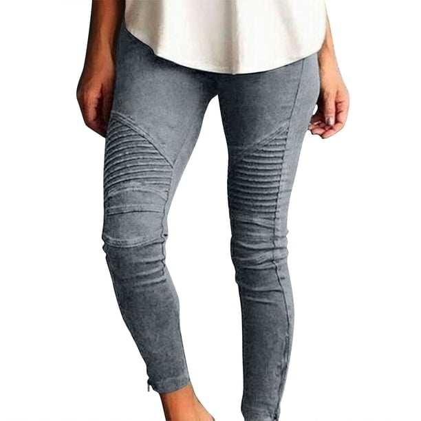 Jeggings de motociclista de cintura alta para mujer, pantalones ajustados lisos, leggings de tubo con carpi completo, pantalones ajustados elásticos