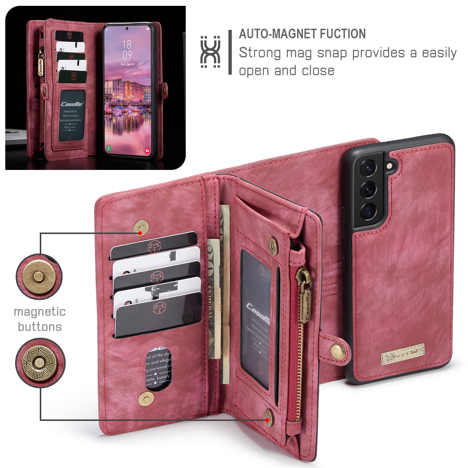 TECH CIRCLE Samsung Galaxy S22 Plus Case,Galaxy S22 Plus Wallet Case with Card Holder Kickstand Zipper Pocket Lanyard Strap Wristlet PU Leather Flip Case Wallet for Galaxy S22 Plus 6.6 inch,Red