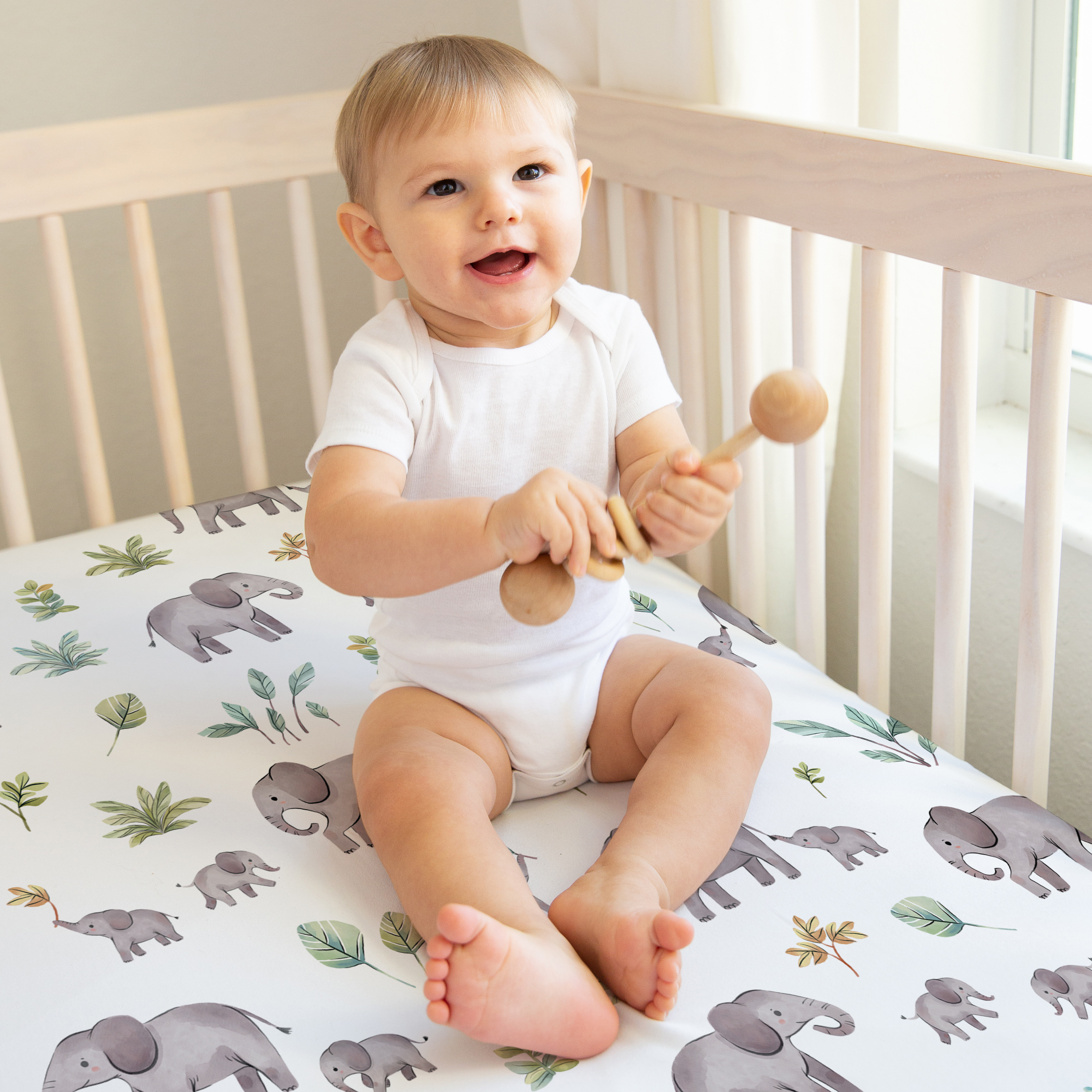 Sweet Jojo Designs Watercolor Elephants Grey Green and Blue Fitted Crib Sheets 2 Piece Set