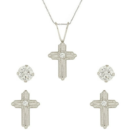 Girls' Round Clear CZ Sterling Silver Pendant, Cross Stud Earrings and Plain Stud Earrings Set