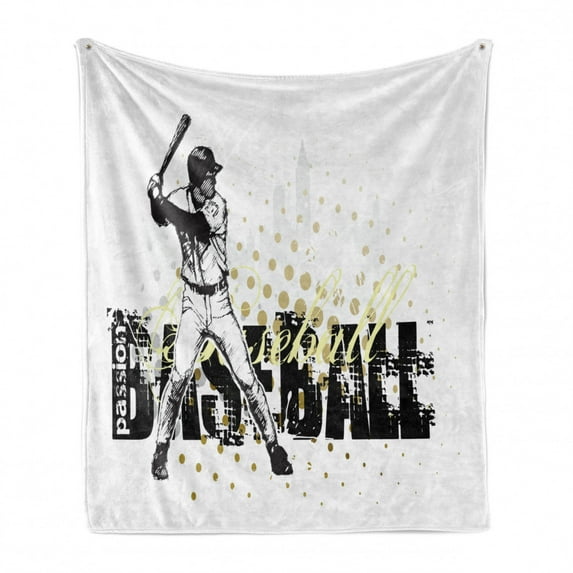 Baseball Soft Flannel Fleece Throw Blanket, Softball Background Dots and Grunge Dark Lettering Batting Team Game, Cozy Plush for Indoor and Outdoor Use, 70" x 90", Black Yellow White, by Ambesonne