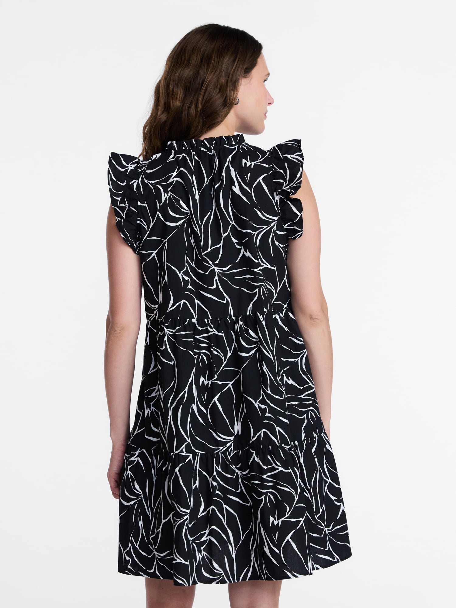 Time and Tru Women's and Women's Plus Tiered Cotton Mini Dress with Flutter Sleeves, Sizes XS-4X