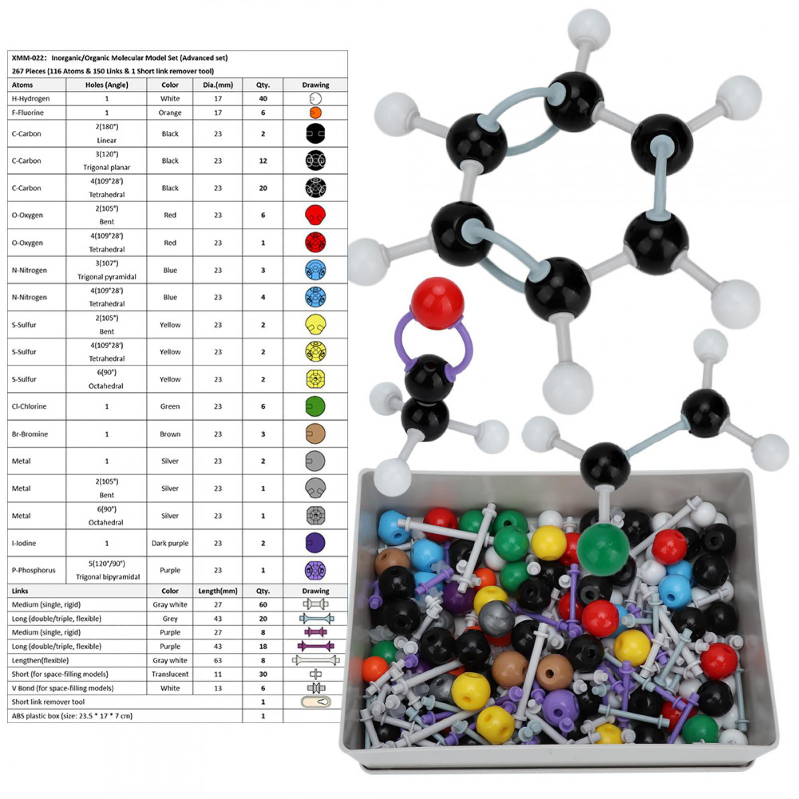 239 Pieces Bonds and Instructional Guide Organic Chemistry Kit and Periodic Table of Elements Molecular Model Student or Teacher Pack with Atoms 