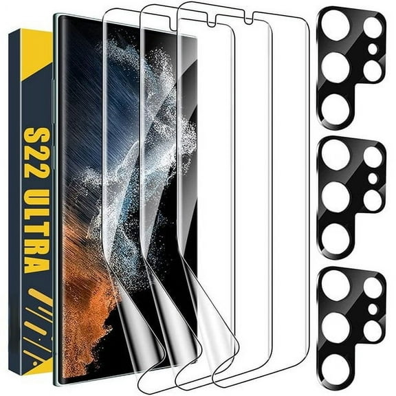 Screen Protector for Samsung Galaxy S22 Ultra 5G [Not Glass], 3 Pack HD Flexible TPU Film with 3 Pack Tempered Glass Camera Lens Protector, Support Fingerprint Unlock, Case Friendly