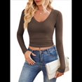 thumbnail image 3 of Camisas de Larga para Mujer, Moda Otoño 2025, Cuello en V, Blusas Básicas, Blusas Ajustadas Y2K. Café M, 3 of 10
