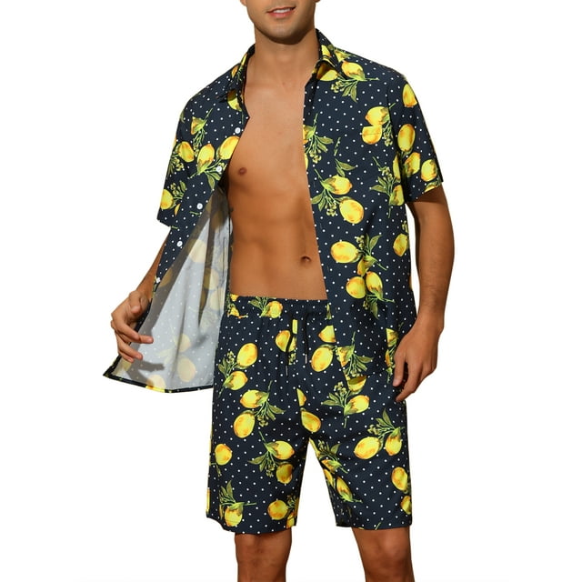 Conjunto de Camisas Impresas INSPIRE CHIC de Verano para Hombre de Mangas Cortas, Atuendo Hawaiano en Bloque de Color, Azul Marino y Amarillo