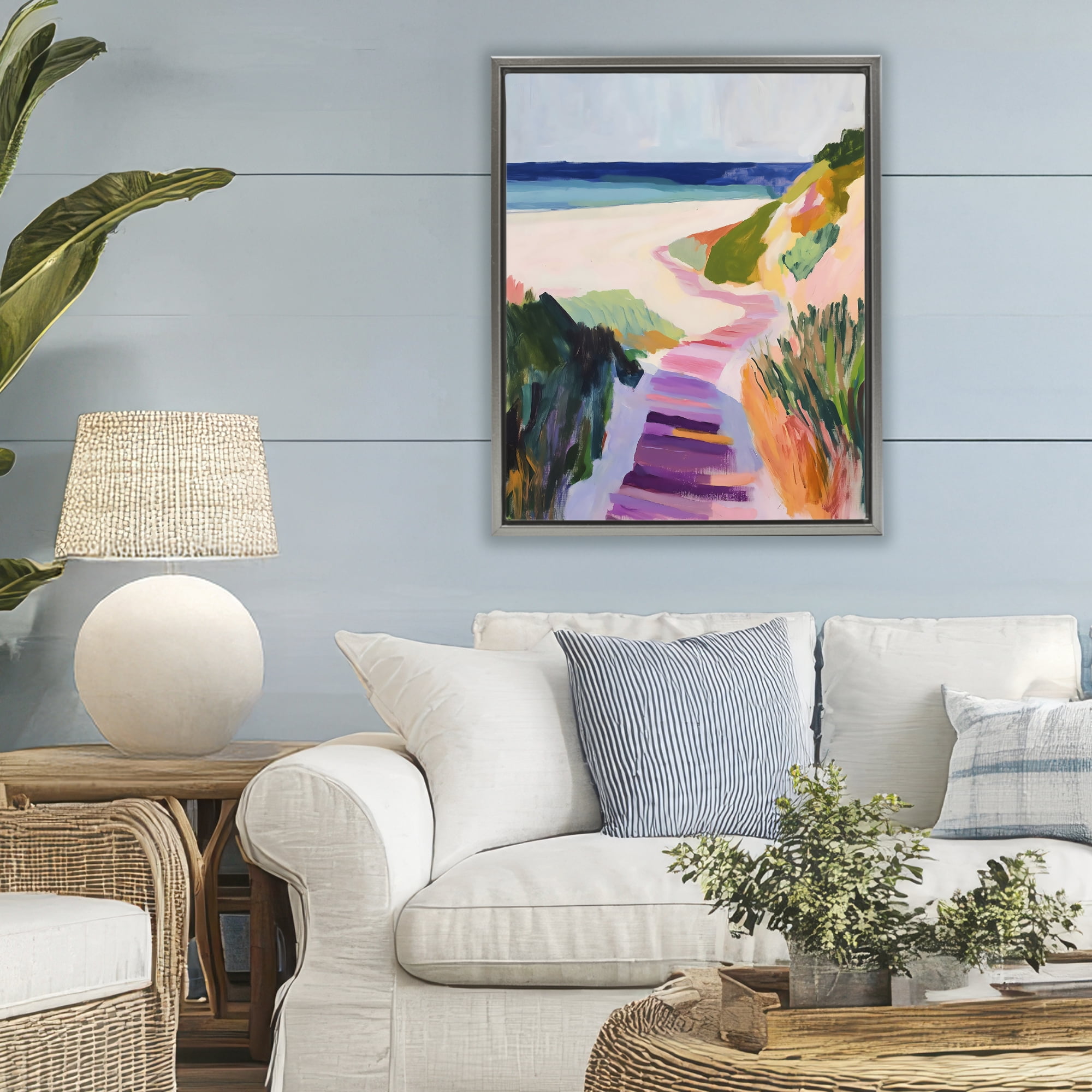 Stupell Industries Pastel Beach Pathway to Shore Gray Framed Floater Canvas Wall Art, design by The Prints Vibe