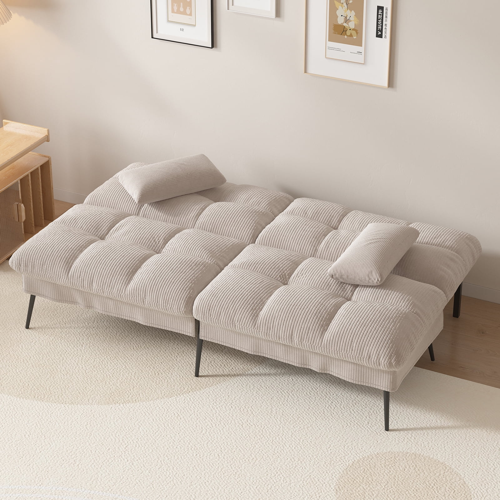 COMHOMA Convertible Futon Sofa Bed Upholstered Futon Couch Corduroy Sleeper Sofa,Cream White