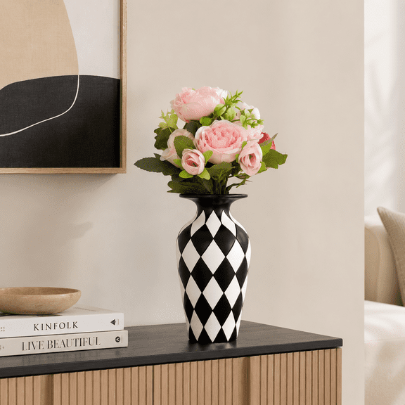Black and White Diamond Vase, 7.68 Inch Decorative Flower Vase for Faux Flowers, Modern Checkered Table Vase for Living Room, Dining Table, Shelf, Mantel and Home Decor