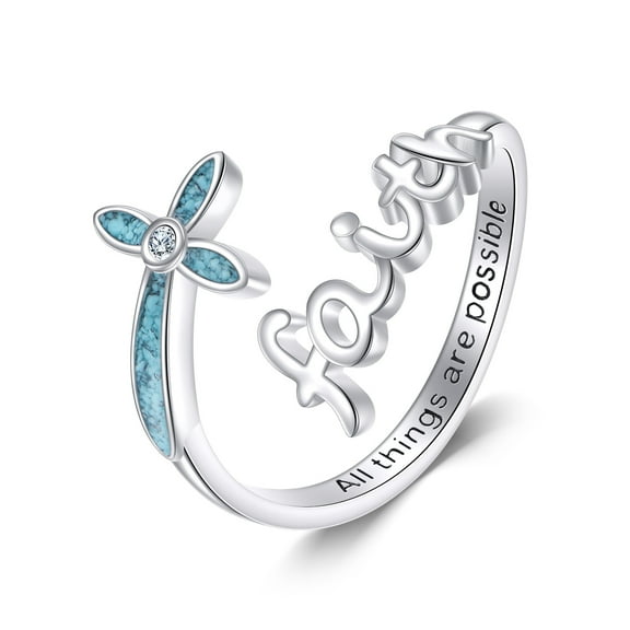 Cross Faith Ring Sterling Silver Turquoise Faith Cross Open Ring Christian Religious Jewelry Gifts for Women Men