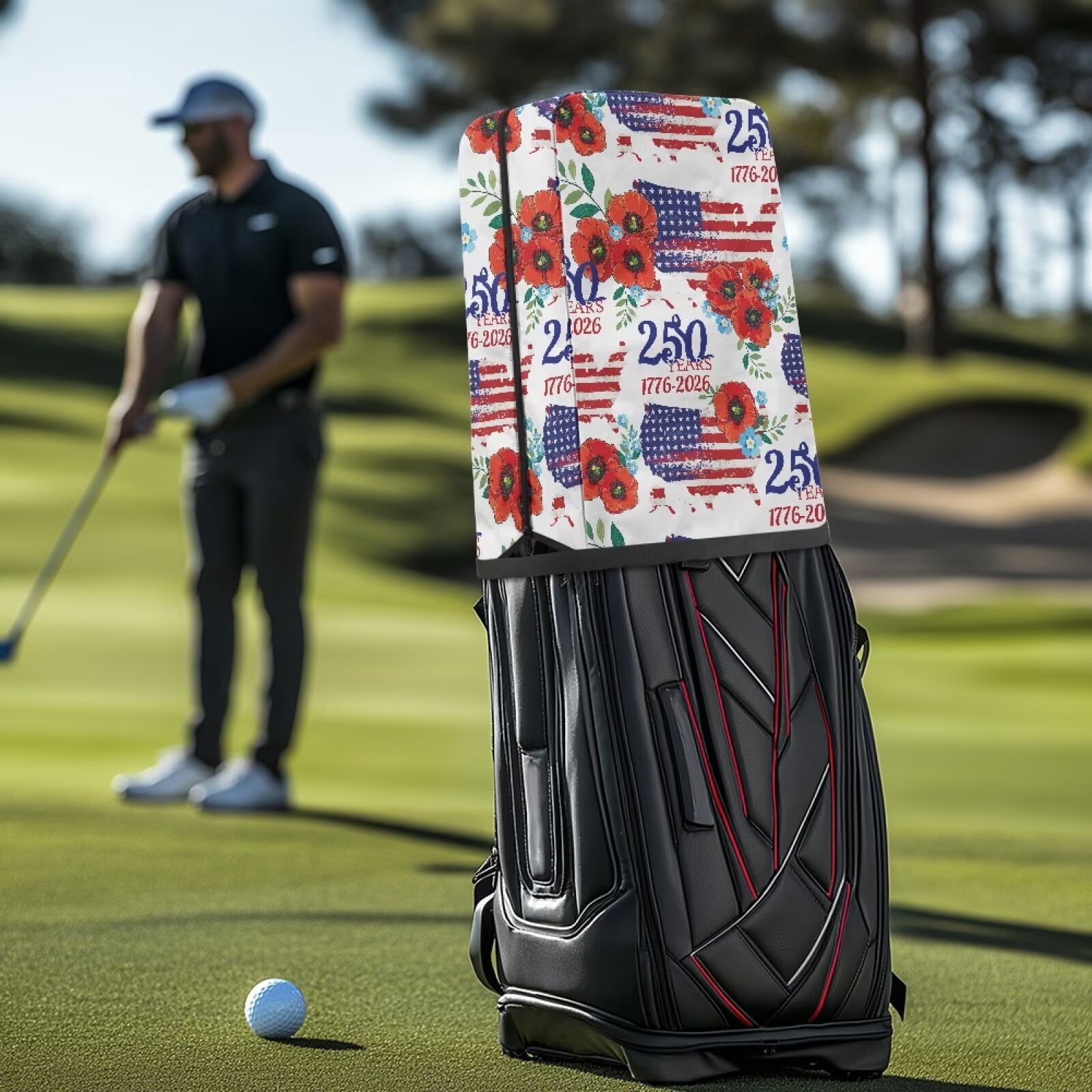Yuyamidu 250 Years America Golf Bag Hood Cover Waterproof Rain and Dust Covers with Zipper Hibiscus Easy Access and Storage Golf Bag Top Cover