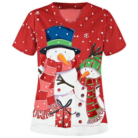 

Tuscom Plus Size Cute Christmas Scrub Tops Women Short Sleeve Nurse Workwear V-neck Working Uniform Blouse Clinic Carer Shirt Thanksgiving Scrubs for Women