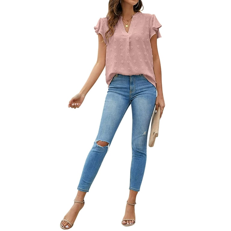 トップス S dot flow frill tops ZXSXSY Women Swiss Dot Ruffle Short Sleeve V Neck Solid