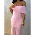 thumbnail image 3 of Pink Foldover Off Shoulder Ruched Mermaid Evening Dress Slim Fit Cinched Waist Party Gown, 3 of 7