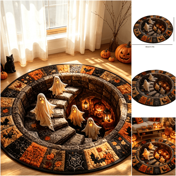 3D Haunted Staircase Round Spooky Halloween Rug Optical Illusion Deep vortex illusion, Lightweight Decorative Circular Floor Rug for Entryway Living Room Bedroom Indoor Halloween Interior Decoration
