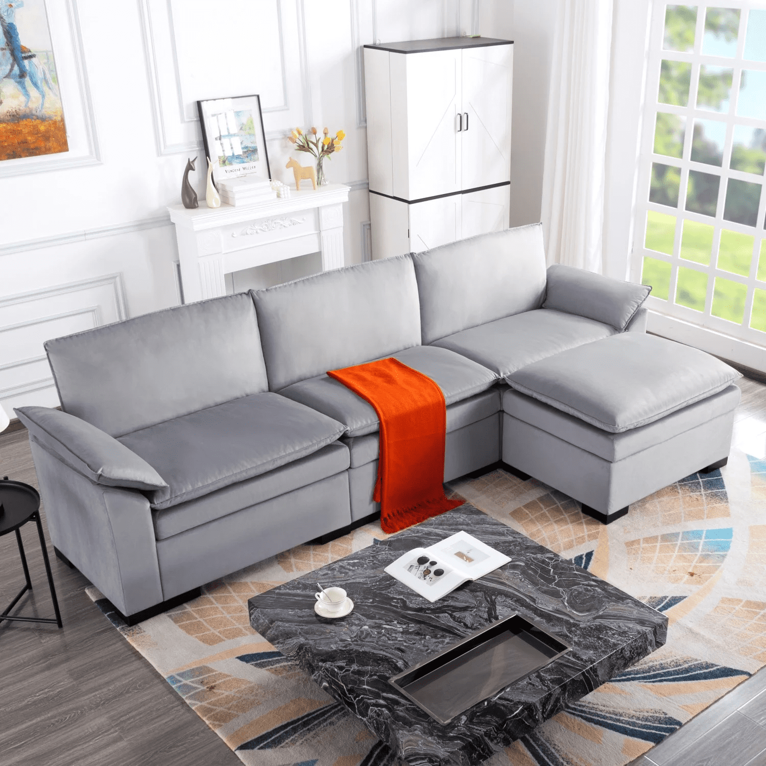 Gewnee 117.7" L - Shaped Velvet Modular Ultra Deep Seat Sectional Sofa, Super Comfy 3 -Seater with 1 Ottomans for Living Room