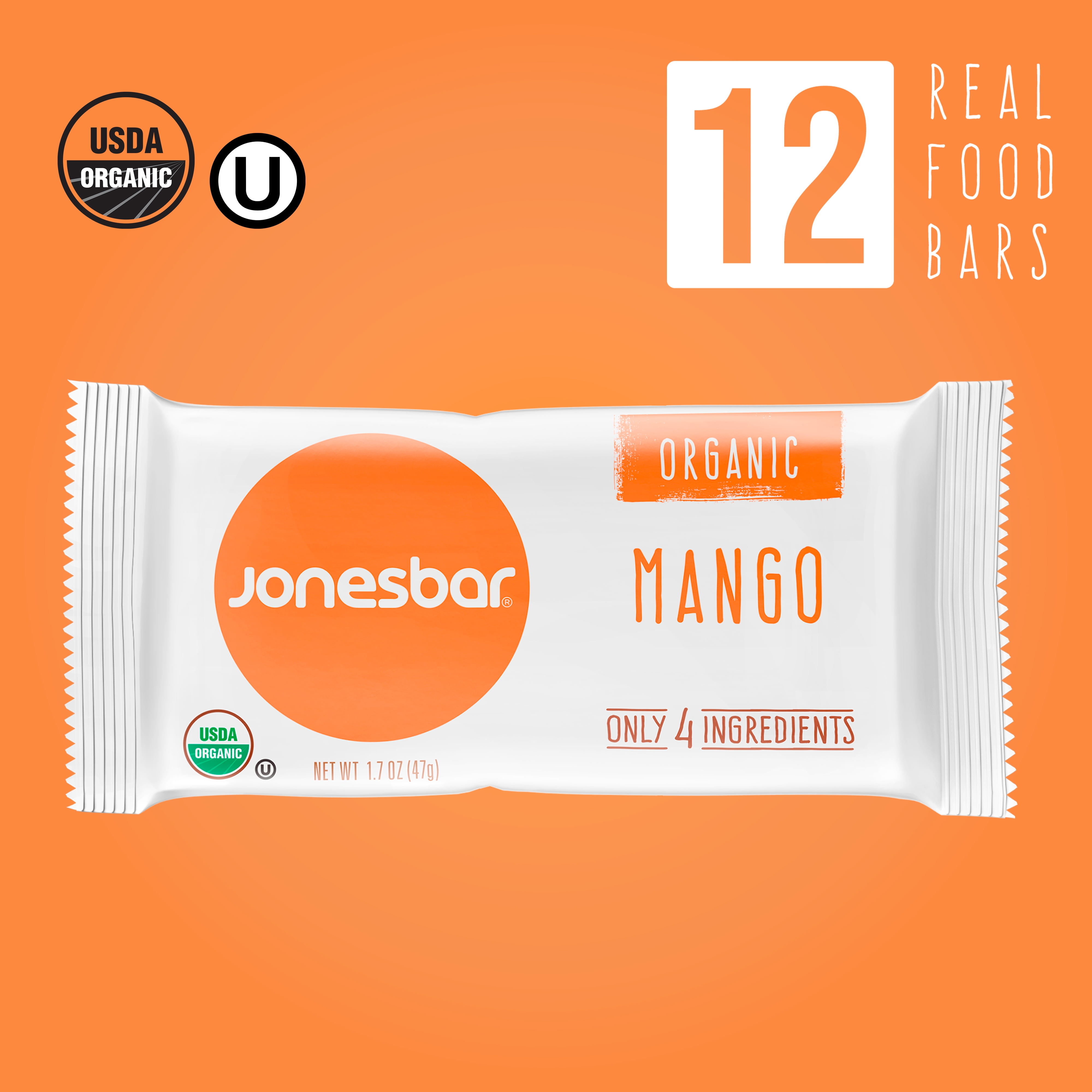 Organic Mango Fruit & Nut Bar, Jonesbar, Certified Organic & Kosher, Gluten Free, Vegan, 12 Count (Pack of 1)