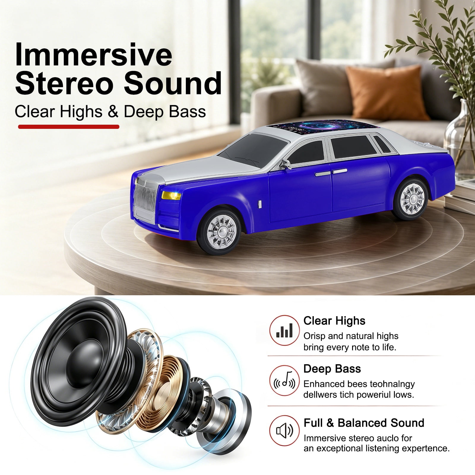 WSTER WS-610 Car Shaped Bluetooth Speaker, 15W Heavy Bass Portable Wireless Speaker with LED Lights, TWS, FM Radio, TF/USB, Bluetooth 5.4 for computer/Desktop ornaments/outdoor/party/Gift