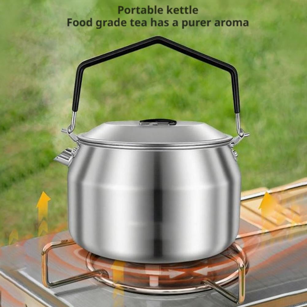 Camping Cookware Mess Kit, 4-Piece SUS304 Stainless Steel Camping Pots and Pans Set with 1.1L Kettle, Healthy No-Coating Nesting Cooking Set for Hiking & Backpacking, Silver (1 Set)