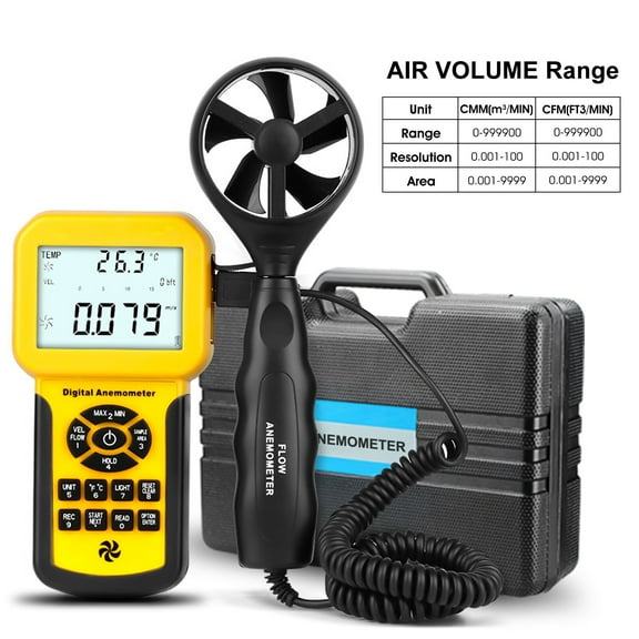 Handheld Anemometer HVAC Air Flow CFM Meter Wind Speed Flow Velocity Temp Meter