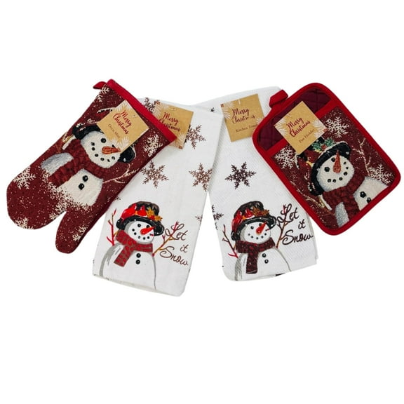 Serafina Home Christmas Snowman Kitchen Dish Towels & Pot Holders – Set of 4 100% Cotton Red & White “Let It Snow” Snowman Design – Two (2) Kitchen Towels, One (1) Oven Mitt, and One (1) Pot Holder