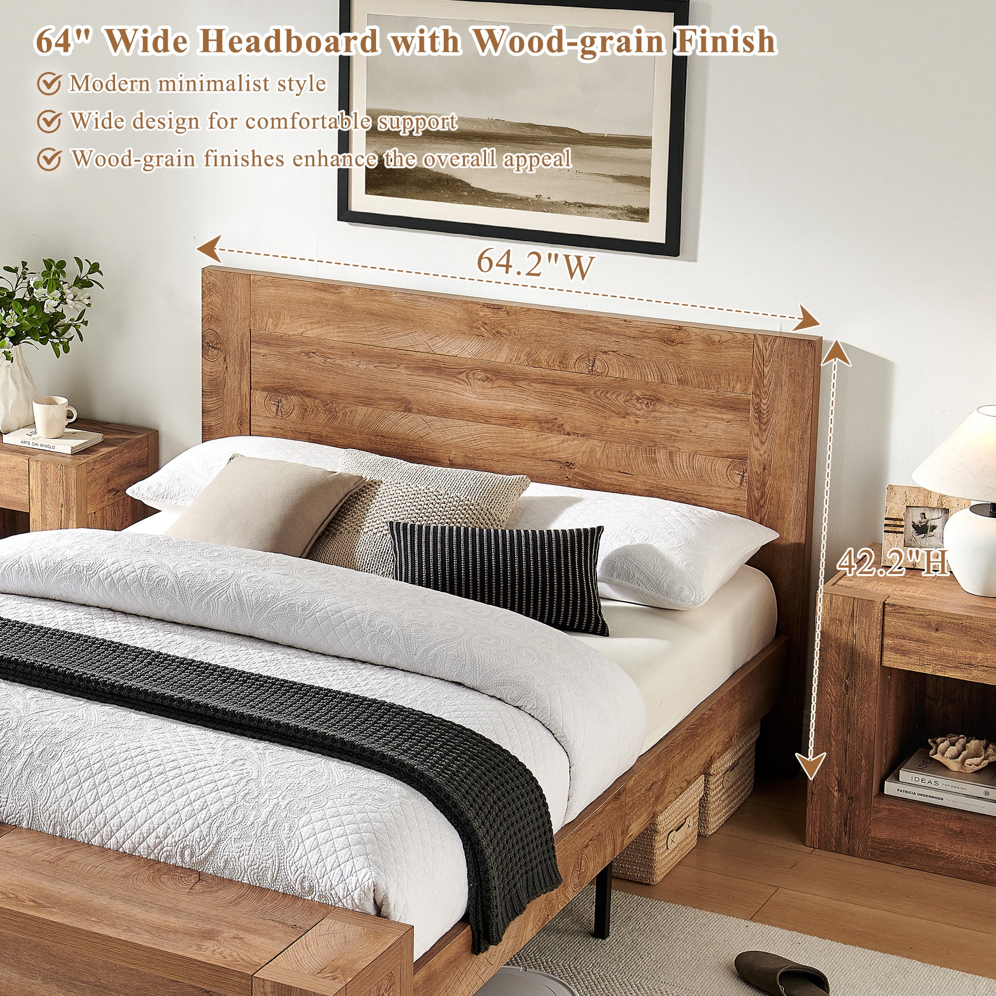 KeyWhat Modern Queen Size Storage Bed Frame with Panel Headboard, Footboard Storage Bench, Built-In Drawers, Lift-Up Compartments, No Box Spring Needed, Light Tree Knot