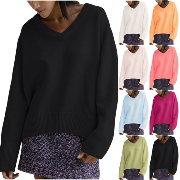 Lovskoo 2024 Sweaters for Women Winter Trendy Long Sleeve V-Neck Solid Color Sweater Pullover Tops Black