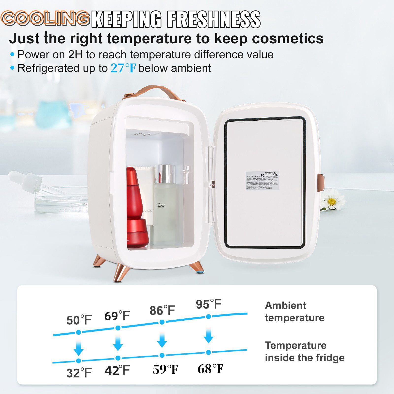 6L Mini Fridge with HD Makeup Mirror & LED Lights, Cools 59°F Below Ambient, ≤38dB Quiet Operation, USB & AC Power, Portable for Bedroom, Office & Travel