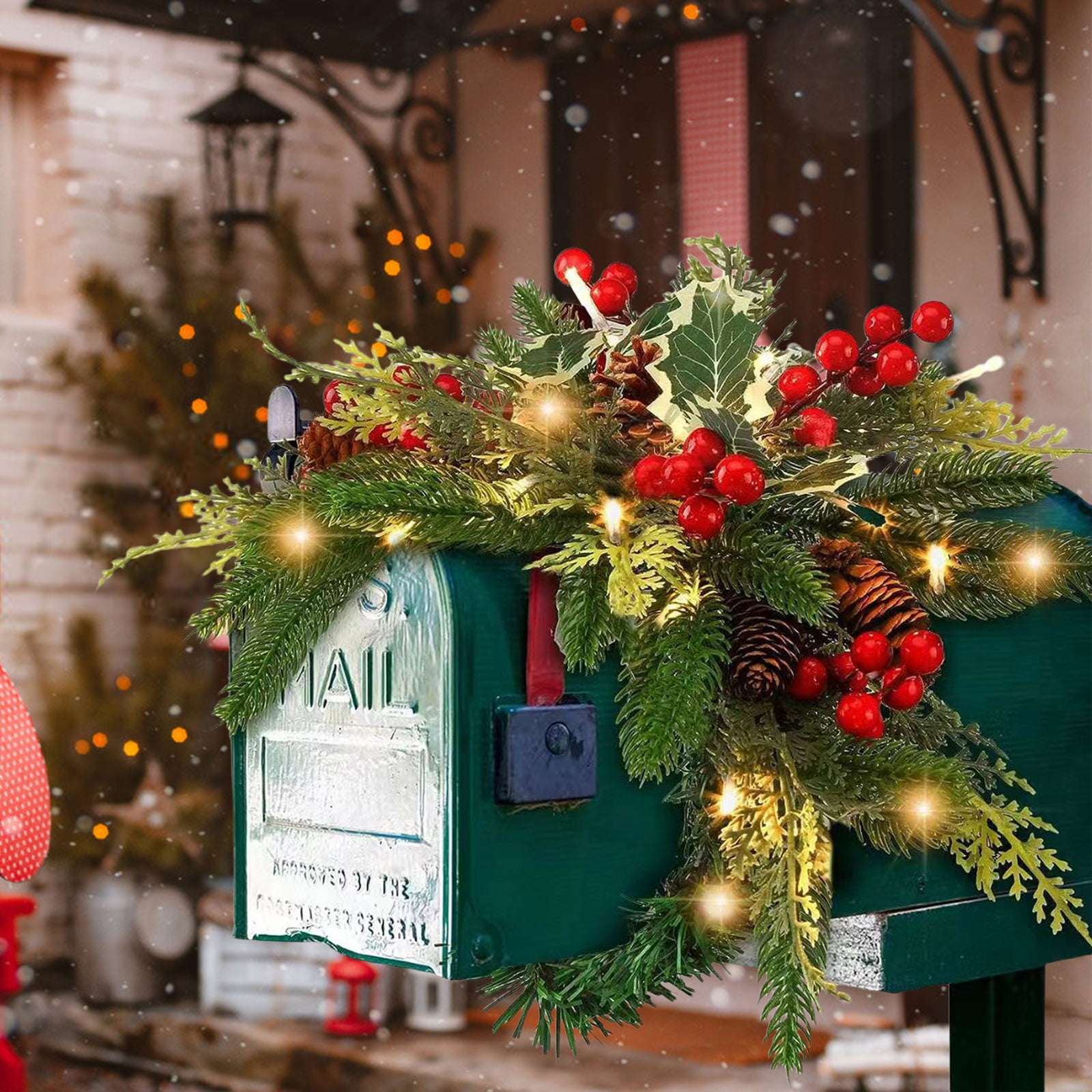 Christmas Mailbox Swag with Red Berries Light Up Wreath 36 in/3 Ft Battery  Operated LED Lights for Christmas Decorations Home Decor - Walmart.com, image size:1600x1600