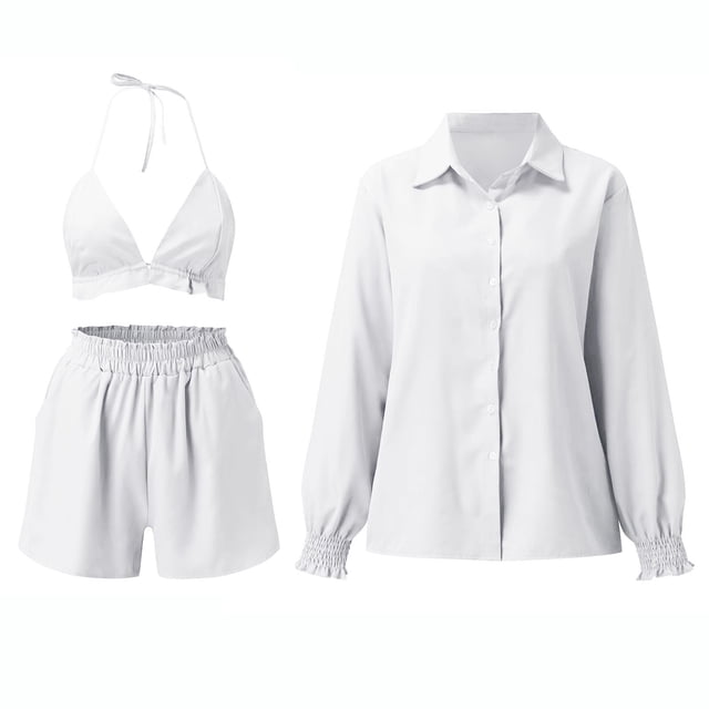 Birdeem Ensemble d'Été Trois Pièces pour Femmes Chemise à Manches Lanterne Imprimée et Short Aguichant avec Bretelles Mode Décontractée