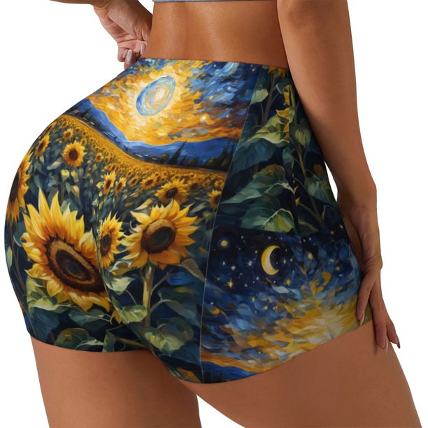 Fotbe Starry Sky Moon Sunflower Shorts Sin Costuras – Shorts Deportivos de Cintura Alta para Mujer, Elásticos para Gimnasio, Yoga, Running o Ciclismo-Medium