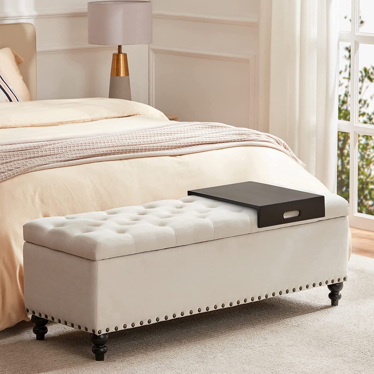 HUIMO Ottoman with Storage, 51inch Storage Ottoman Bench with ButtonTufted, Bedroom Bench