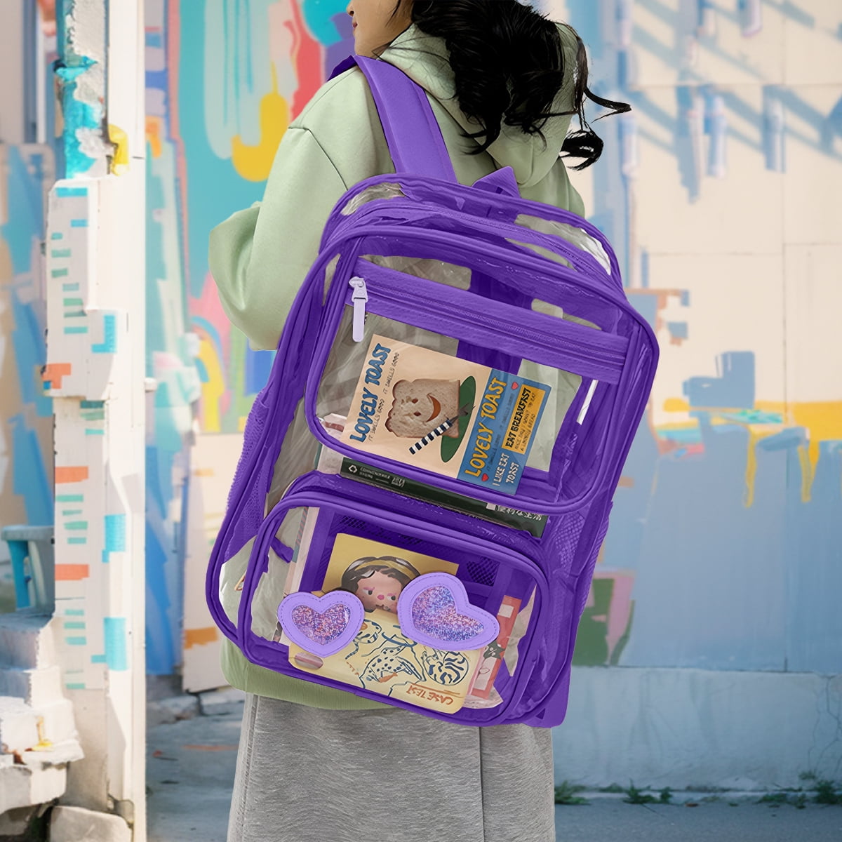 DAKIMOE Clear Backpack Heavy Duty Stadium Approved School Cute Transparent Backpacks Clear Bag Travel