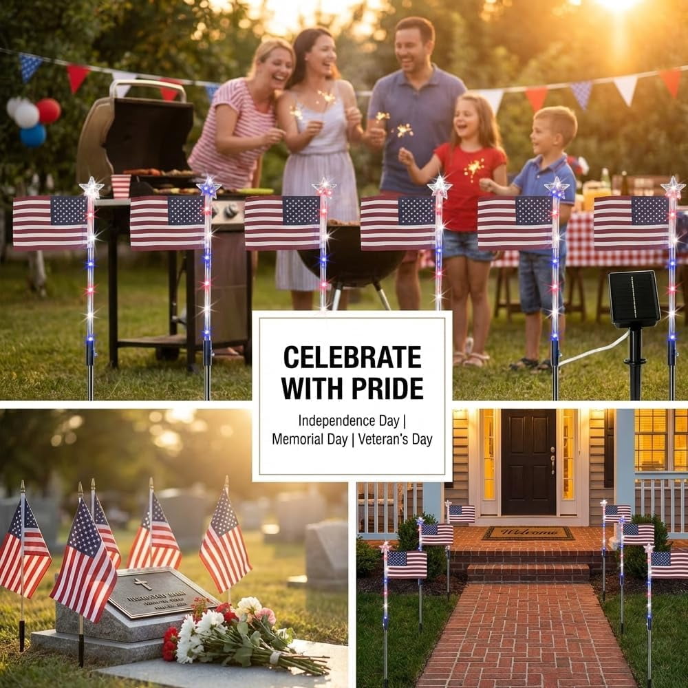 4th of July Decorations Outdoor American Flag Lights, 8-Pack Solar Powered Pathway Lights with USA Flags and LED Stars, Red White and Blue Patriotic Yard Decor, 26.5 Inch