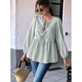 thumbnail image 5 of Womens Lace Up Tie Font Y2k Tops Puff Sleeve V Neck Blouse Loose Fit Summer Cute Clothes Light Green L, 5 of 6