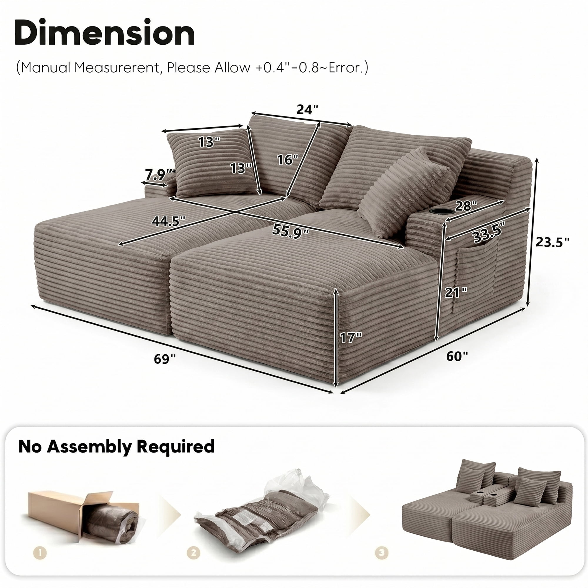 Aukfa 69" Oversized Double Chaise Lounge Boneless Couch Modular Loveseat Sleeper Sofa Bed for Living Room, 2 Cup Holders, Corduroy, Brown