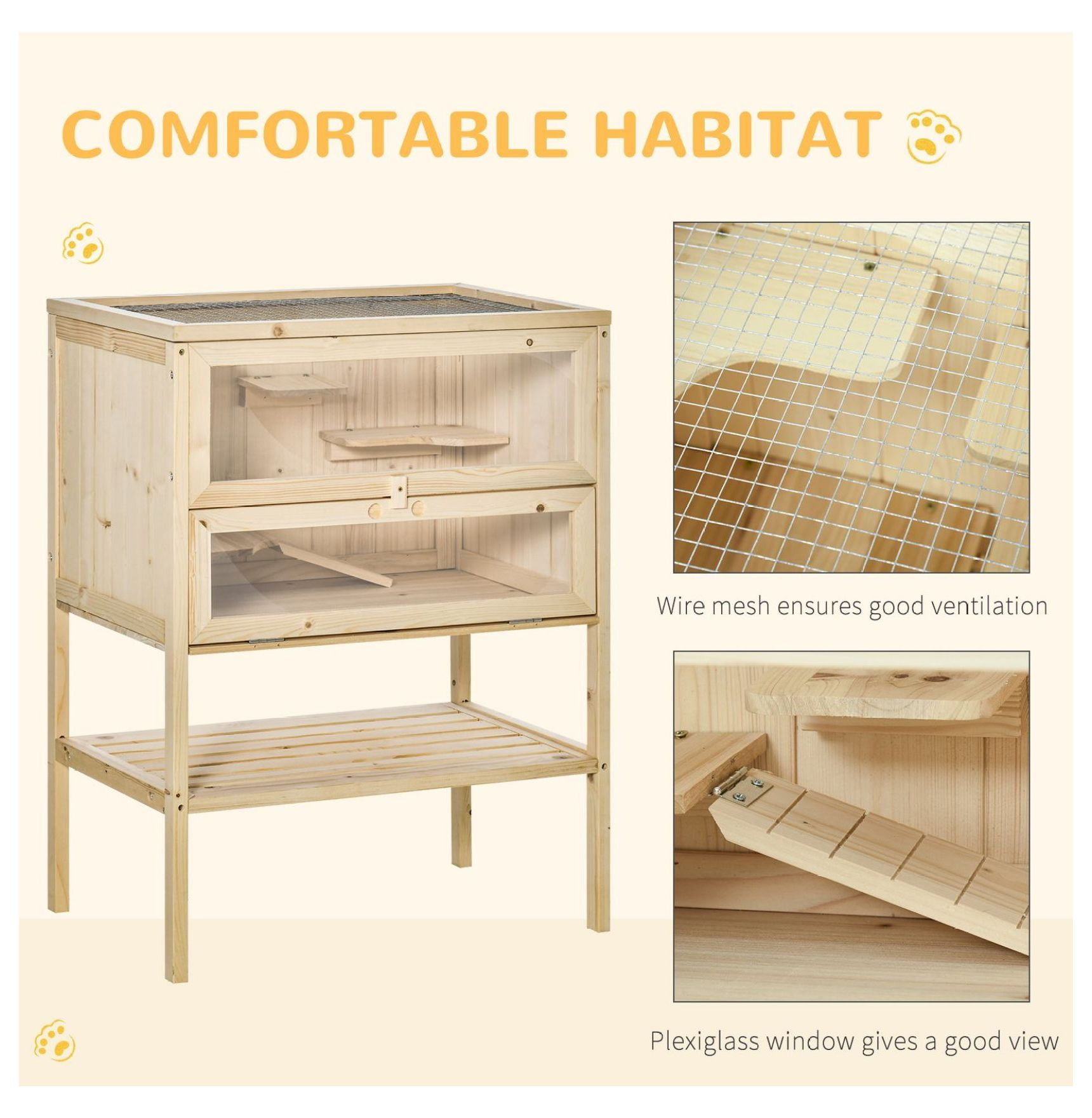 3-Tier Wooden Large Hamster Cage, Mice and Rat Cage Small Animals Hutch with Openable Top, Front Door, , Nature