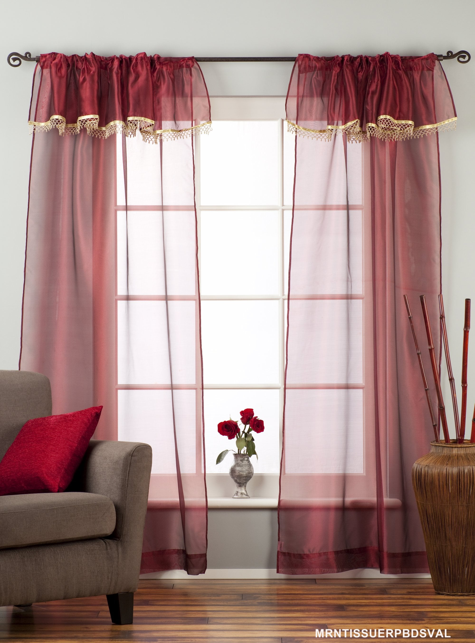 Maroon Rod Pocket Sheer Tissue Curtain with Beaded Valance Panel