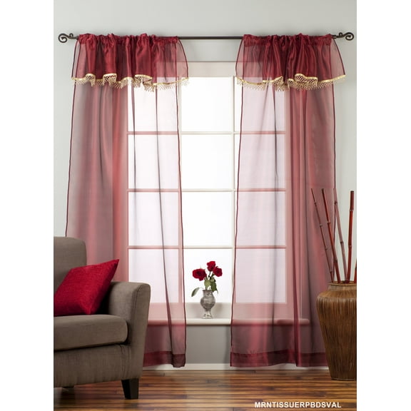 Lined-MRN-Rod Pocket Sheer Tissue Curtain w/ Beaded Valance -60WX120L-Piece