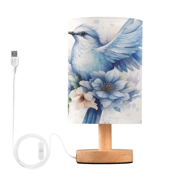 Bird Flowers Blue Table Lamp USB Bedside Desk Nightstand Lamp Printed Gifts Small Lamp Wood Base for Bedroom Living Room Kids Room College Dorm