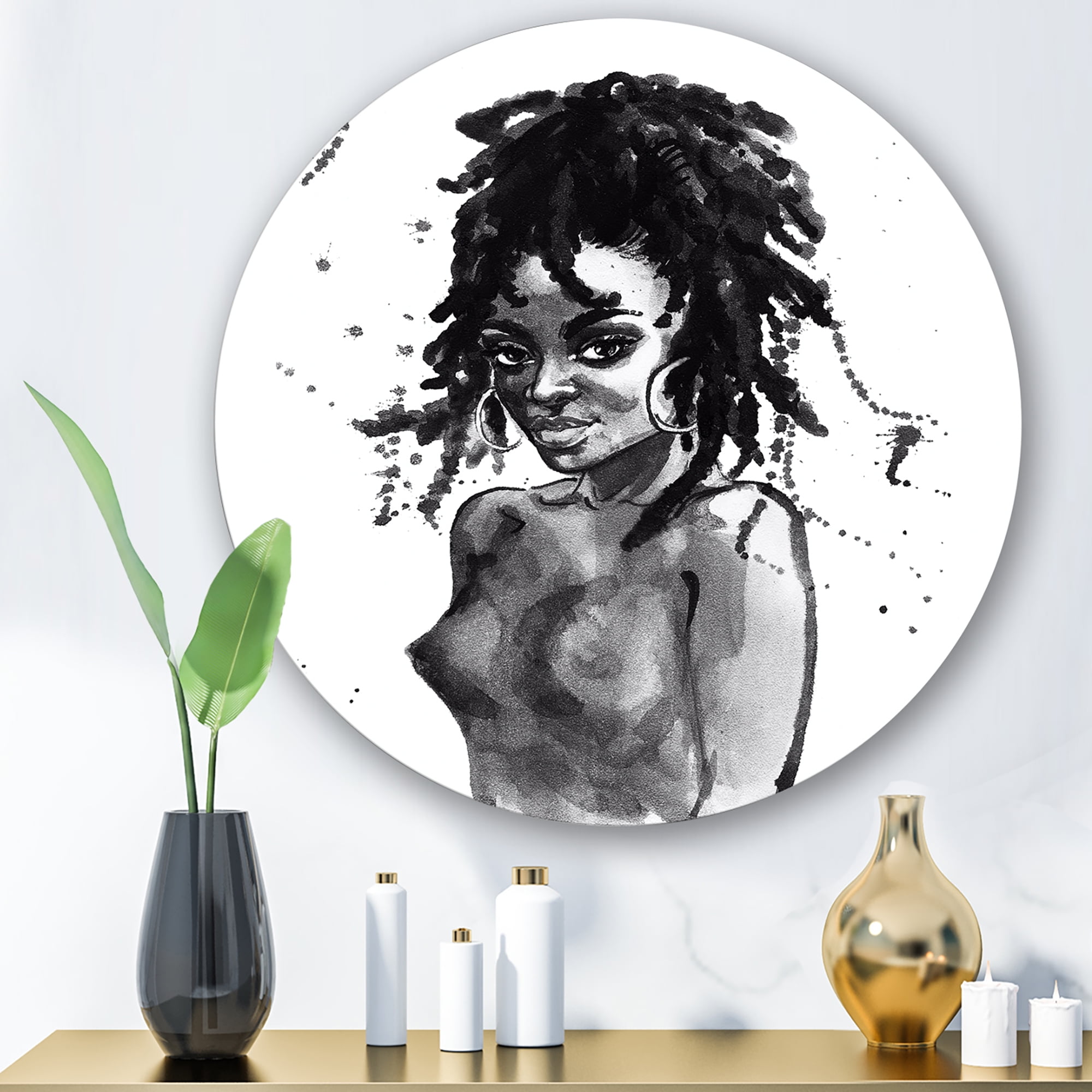 Designart 'Black and White Portrait of African American Woman V' Modern Circle Metal Wall Art 11x11 - Disc of 11