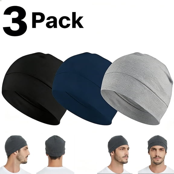 YMWVH 3-Pack Beanie Hats for Men Women - Navy Blue/Gray/Black, Lightweight Running Hat Breathable Helmet Liner Sleep Cap
