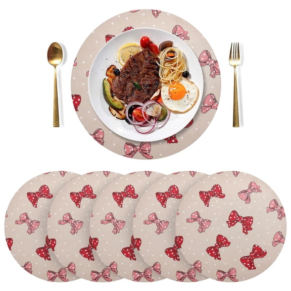 15 Inch Round Grid Plate Mats Heat Non-Slip Resistant PVC Placemats for Kitchen Dining Table Decor Cute Red Bows Pattern 1PCS
