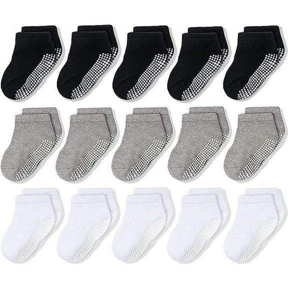 CozyWay Toddler Socks - Non-Slip Grip Design & Toddler Grip Socks - Breathable Cotton Comfort - 3T-5T, Low-Cut, 15 Pack, Black White Gray