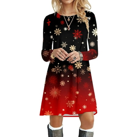 

Women Autumn And Winter Casual Fashion Christmas Printed Round Neck Long Sleeve Dress