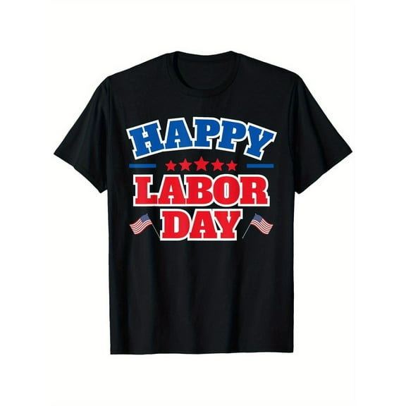 Casual Graphic Tee,Tops Has"Happy Labor Day"Text With Red Stars Pattern,Round Neck Regular Fit T-shirts, Size(S-5XL)