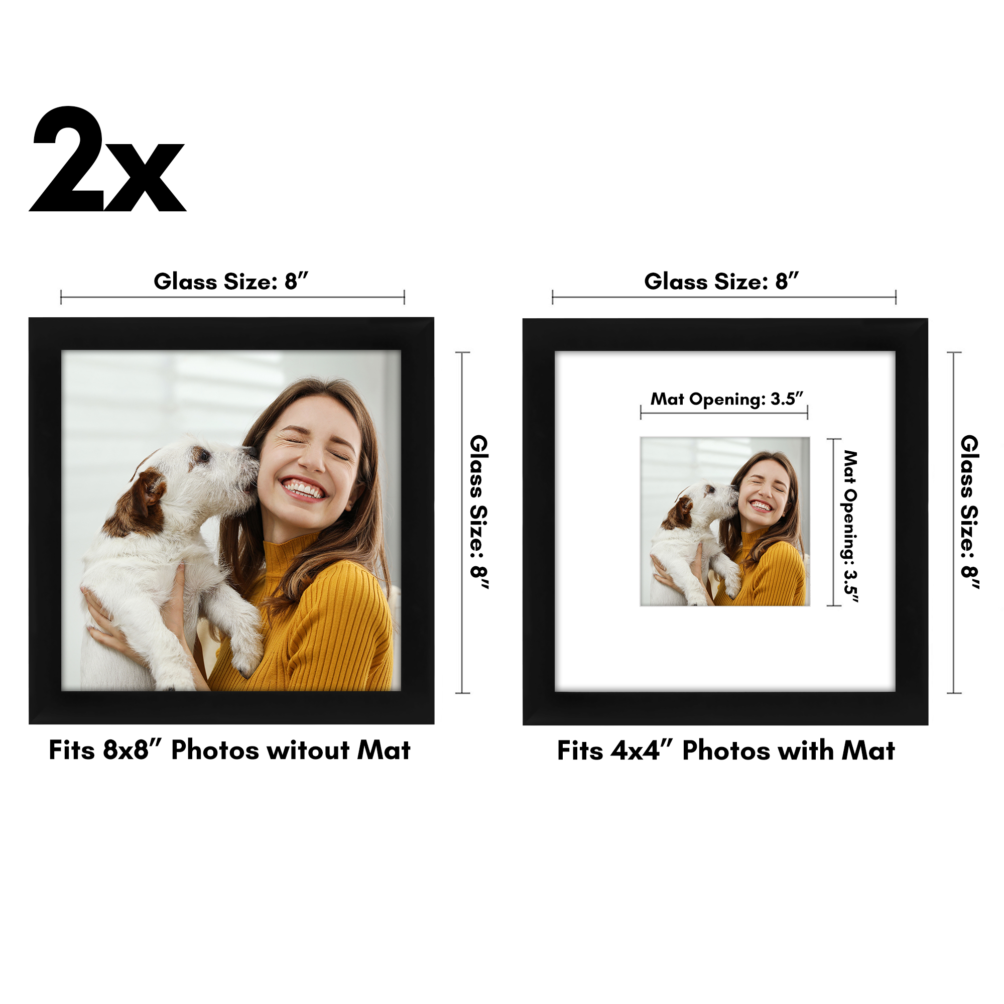 Americanflat 8x8 Picture Frame with Shatter-Resistant Glass with 4x4 Mat 2 Pack Display Photo Square - Black