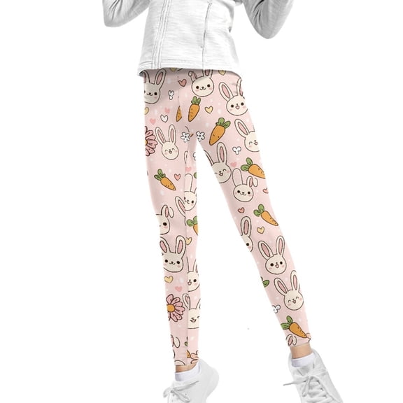 COEQINE Girls Leggings Buttery Soft Yoga Pants Full Length High Waist Tummy Control for Jogging Running for 4-5 Years Kids Girls for Easter, Easter Bunny Carrot Pink
